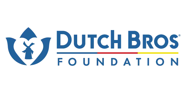 Dutch Bros Foundation logo featuring a blue tulip-like shape with windmill icon and the foundation name in blue text