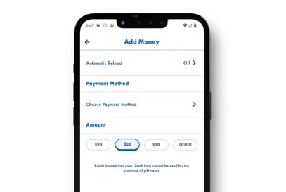 Smartphone screen showing "Add Money" page with payment method selection and preset amount options ($20, $35, $50).