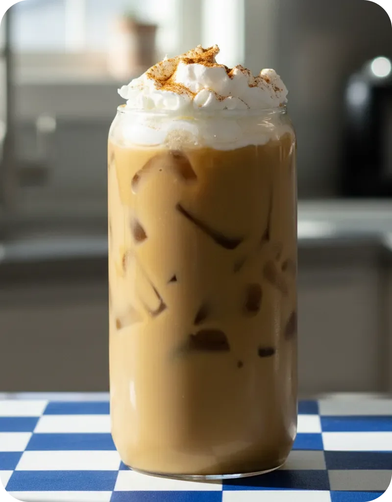 Iced coffee in a tall glass topped with whipped cream and cinnamon on a blue and white checkered surface.