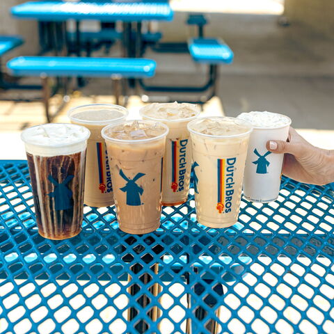 A table full of delicious Dutch Bros drinks 